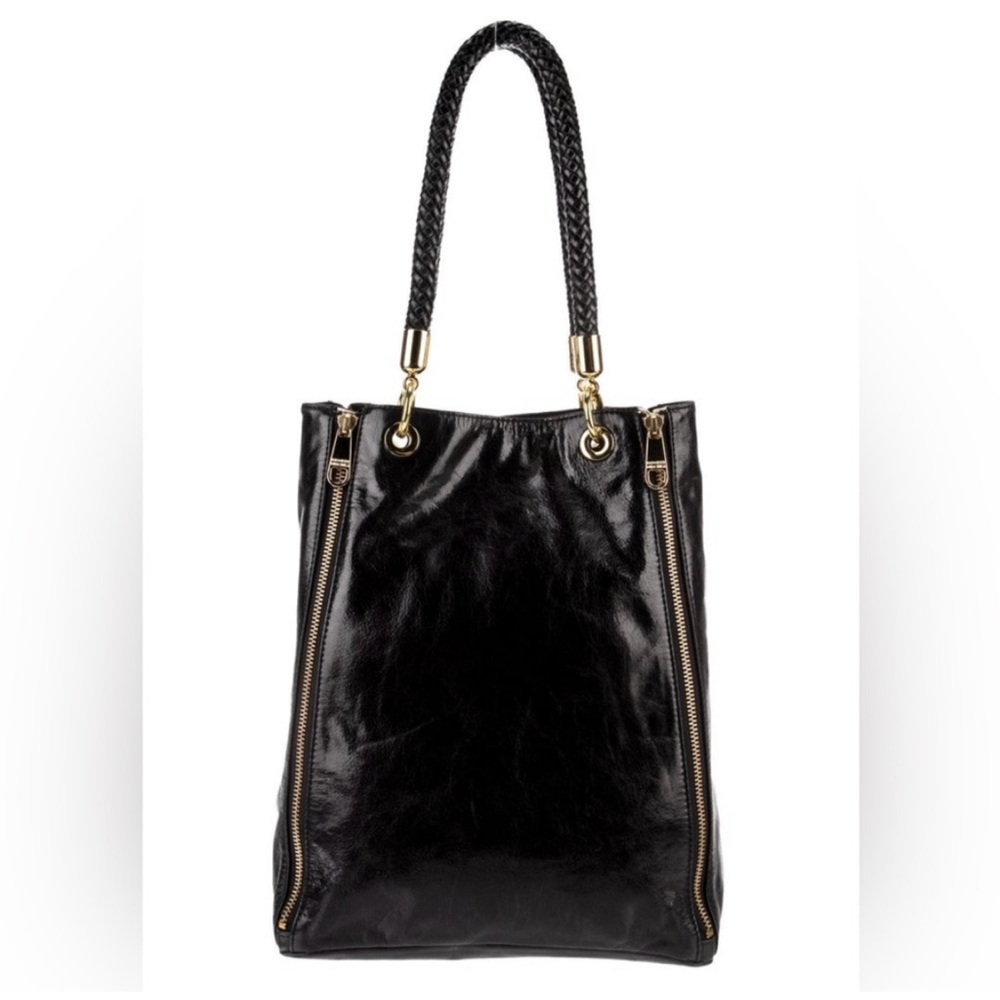Badgley Mischka Black Leather Top Handle Bag with Gold Hardware